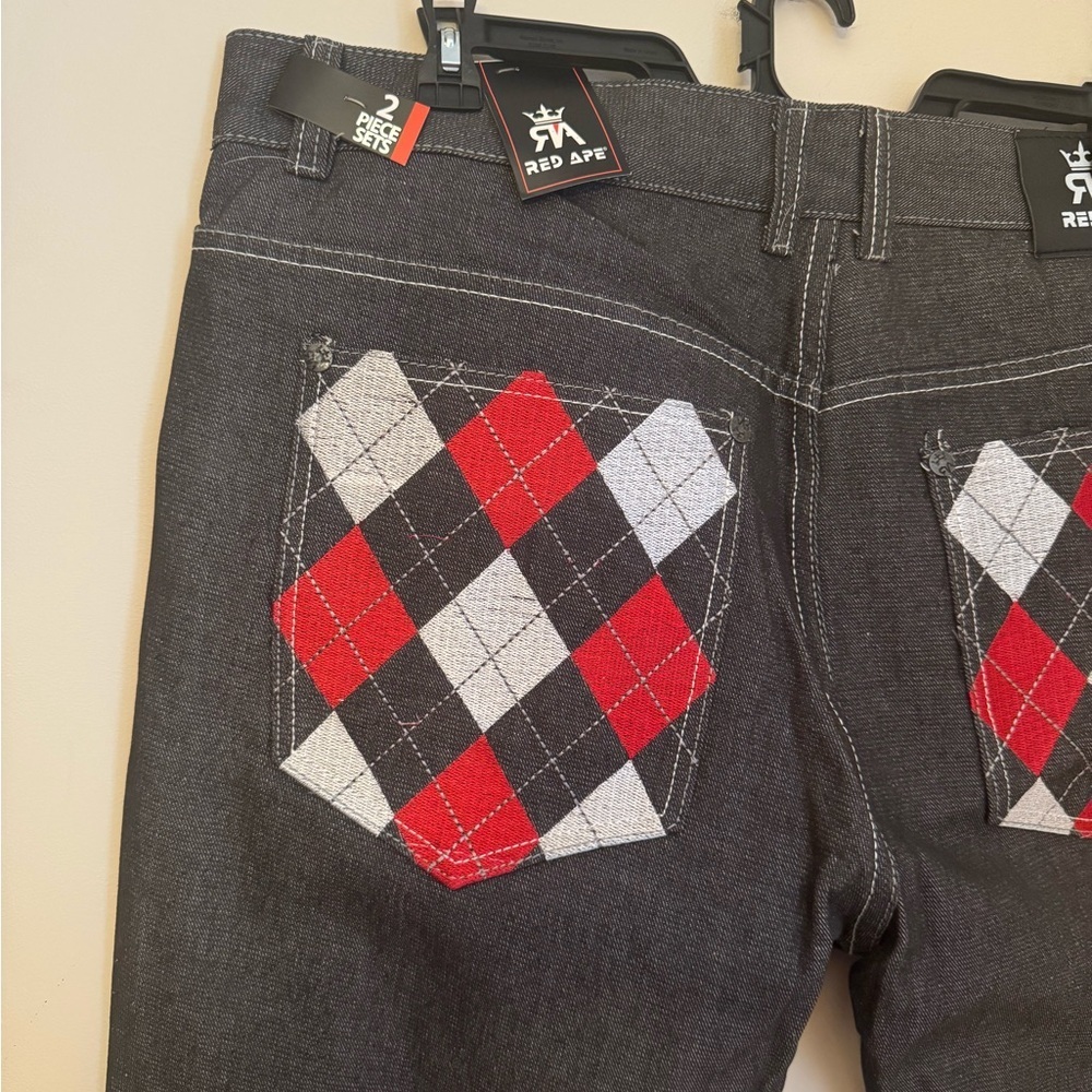 Red Ape NWT Men’s Jeans 42x33 Baggy Straight Leg Y2K Streetwear Argyle Pockets - Picture 5 of 7